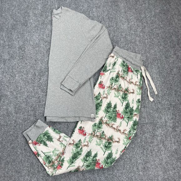 Burts Bees Holiday Pajama Set Womens Medium Organic Cotton Santa Reindeer Print - Picture 1 of 13